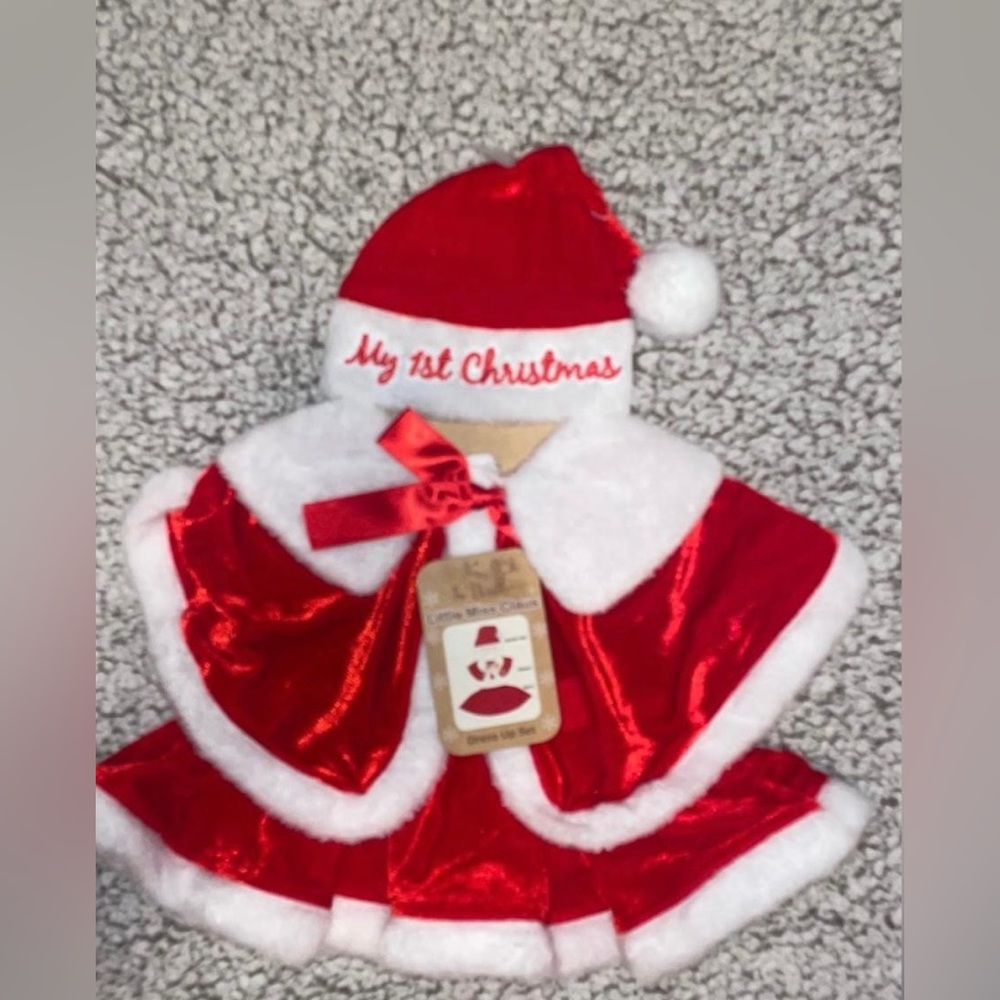 NWT CHRISTMAS SET TO 12M MY LITTLE CLAUS, SABTA HAT, SHAWL SKIRT VELCRO CLOUSURE